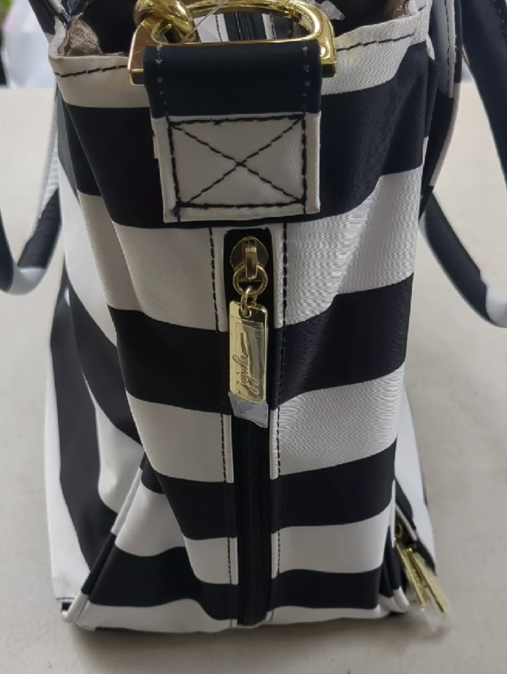 Ju-Ju-Be Black and White Striped Diaper Bag Tote with Gold Hardware